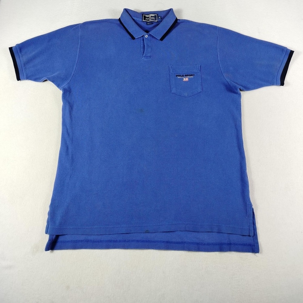 Vintage Polo Sport Ralph Lauren Polo Shirt Mens XL Blue Pocket Flag Knit 90s